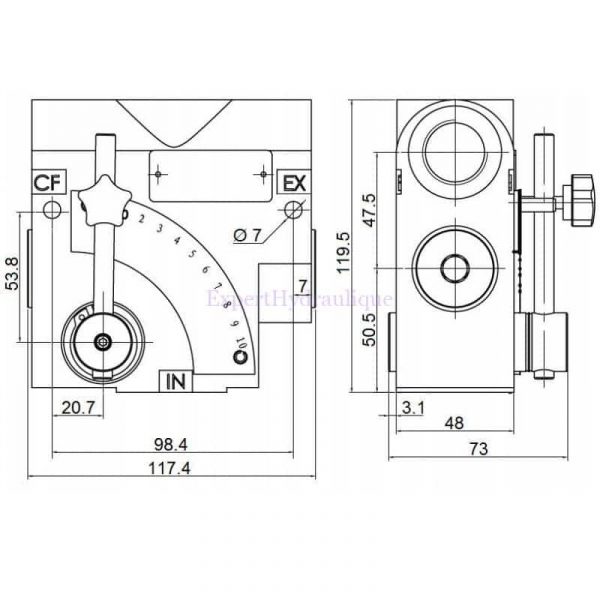 Cotes encombrement diviseur de débit hydraulique 60 Litres / mn