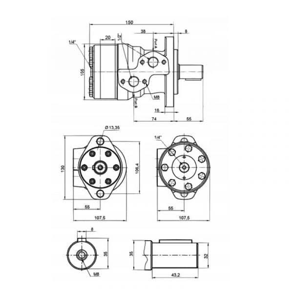 Cote encombrement moteur hydraulique type Danfoss type OMP MOR MOH avec arbre de 32 mm