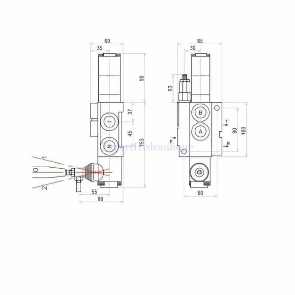 Encombrement Distributeur hydraulique 1 double effet plus position flottante