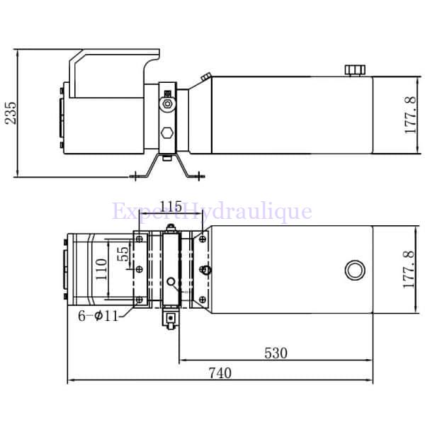 Cotes d'encombrement centrale simple effet 12 ou 24 volts DC