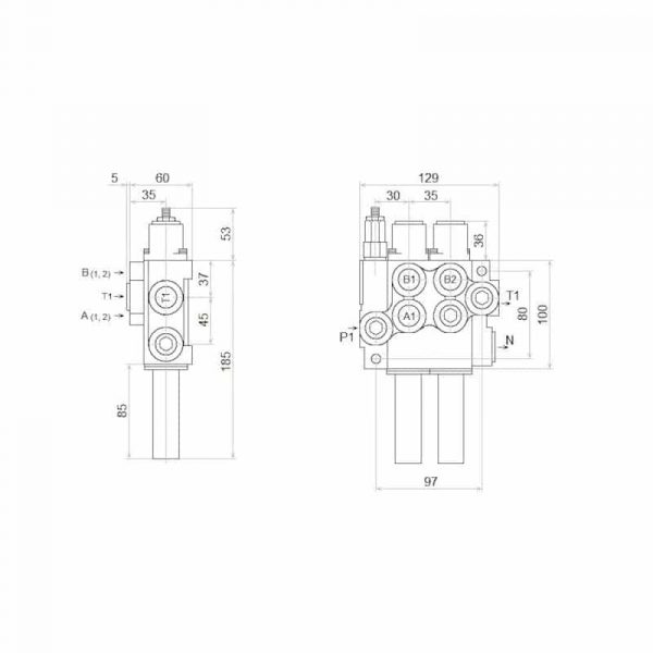 Dimensions distributeur hydraulique 1 SE et 1 DE commande par cables