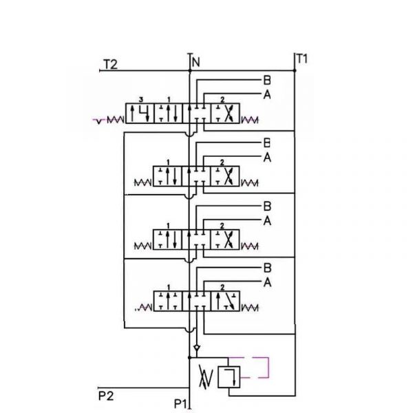 Schema distributeur 4 fonctions dont un simple effet et un double effet avec position flottante