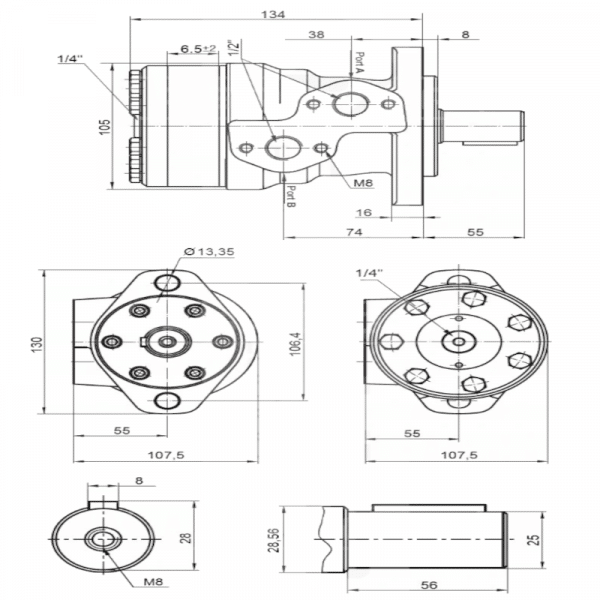 Schéma avec côtes pour le moteur omp omr omh en 32 cm3 avec arbre de 25 mm.