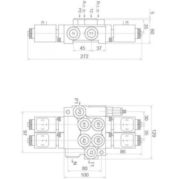 schéma côtes distributeur 2 doubles effets 12 ou 24V électrique