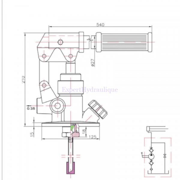 Dimensions et schéma de la pompe à main 18cm3 réservoir 4L