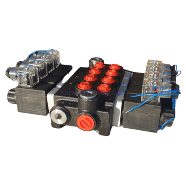 Distributeur 4 fonctions électrique double effet 12-24V 50L-min vue de droite Distributeur 4 fonctions électrique double effet 12-24V 50L-min vue de droite.