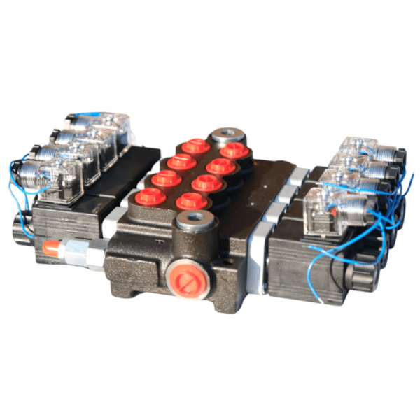 Distributeur 4 fonctions électrique double effet 12-24V 50L-min vue de gauche.