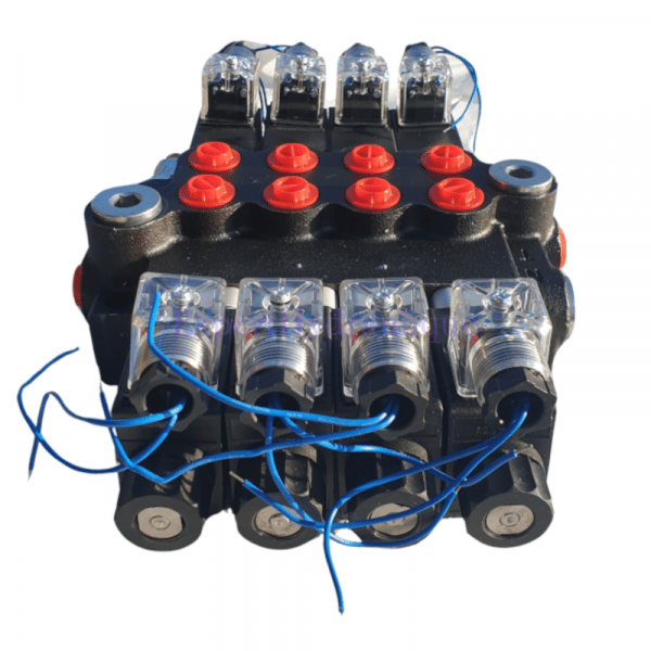 Distributeur 4 fonctions électrique double effet 12-24V 50L-min vue du dessus.
