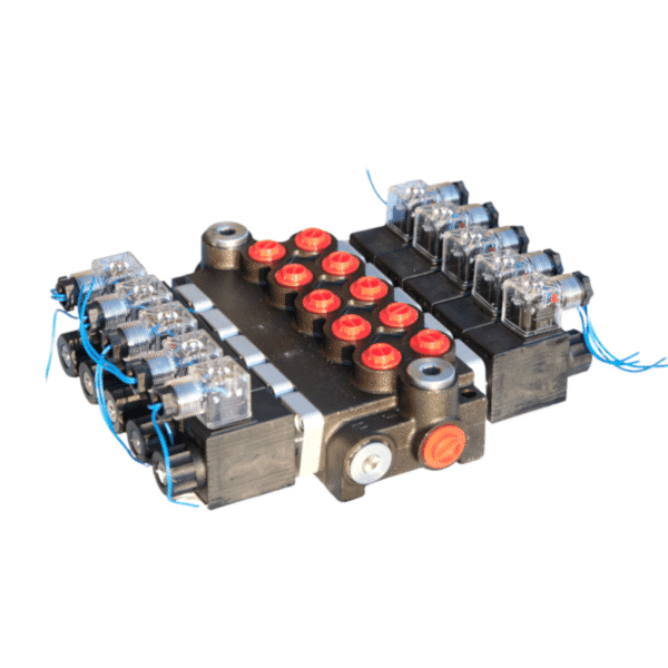 Distributeur-5-fonctions-electrique-double-effet-12-24V-50L-min-vue-droite-1 Distributeur 5 fonctions électrique double effet 12/24V 50L/min vue de droite.