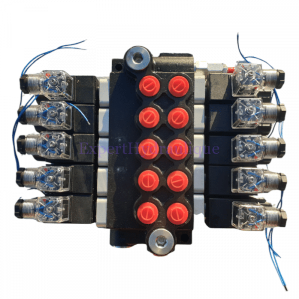 Distributeur 5 fonctions électrique double effet 12/24V 50L/min vue du dessus.
