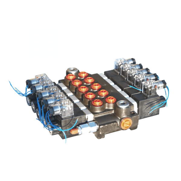 Distributeur 5 fonctions électrique double effet 12/24V 50L/min vue de gauche.