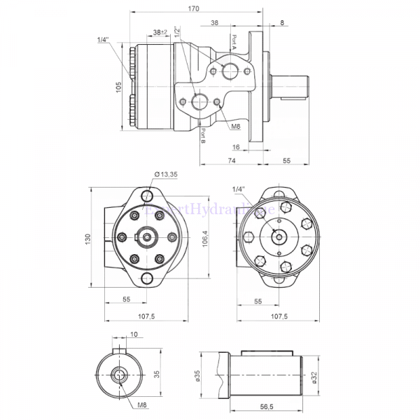Côtes moteur hydraulique BMP BMR 200 cm3 arbre 25 mm