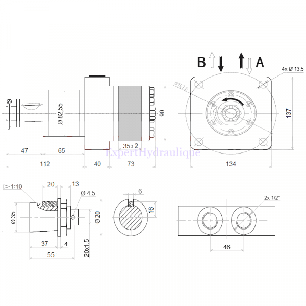 Côtes moteur hydraulique BMR 200 cm3 arbre conique 1 10 avec palier