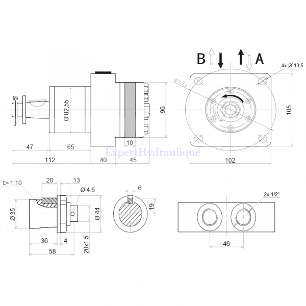 Côtes moteur hydraulique BMR 50 cm3 arbre conique 1 10 avec palier