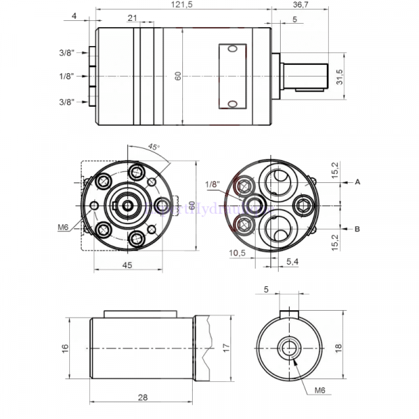 Côtes moteur hydraulique OMM 50 cm3 orifices arrières