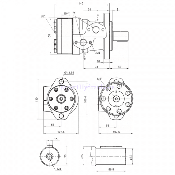 Côtes moteur hydraulique OMP BMR 50 cm3 arbre 32 mm