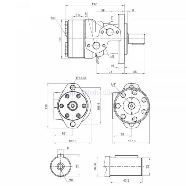 Côtes moteur hydraulique OMP BMR 25 cm3 arbre 32 mm