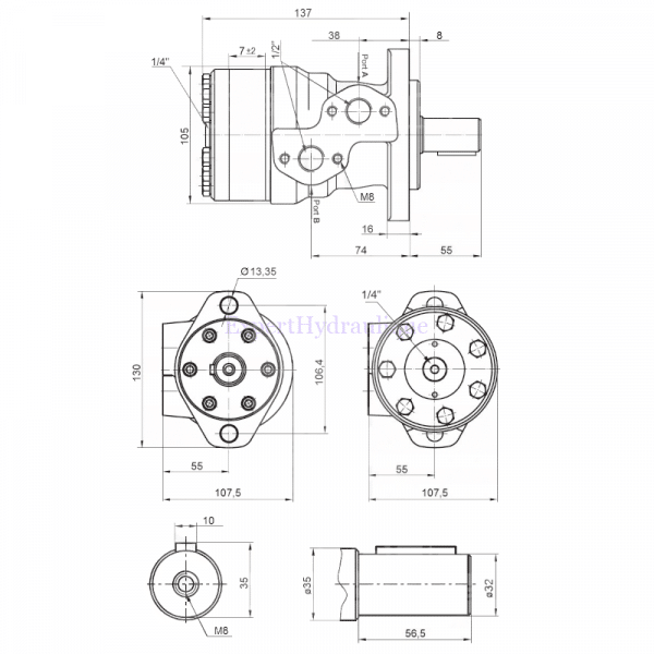 Côtes moteur hydraulique OMP OMR 36 arbre 32 mm