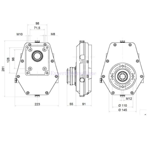 Multiplicateur pour pompe hydraulique GR3 et GR2 arbre prise de force femelle cotes d'encombrement