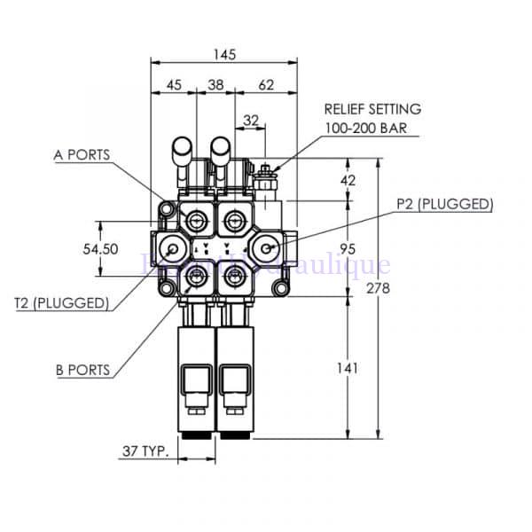 Plan encombrement distributeur Galtech deux éléments électrique et manuel