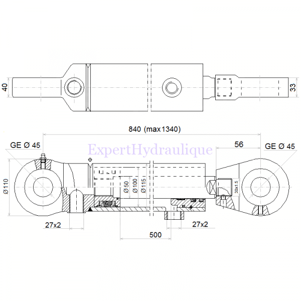 Dimensions vérin double effet 50 100 500mm