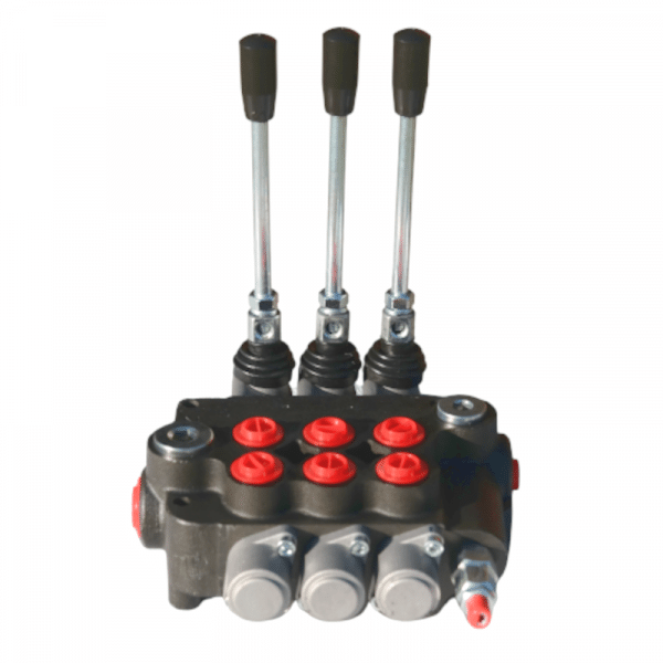 Distributeur hydraulique 3 fonctions doubles effets 80 litres vue arrière.