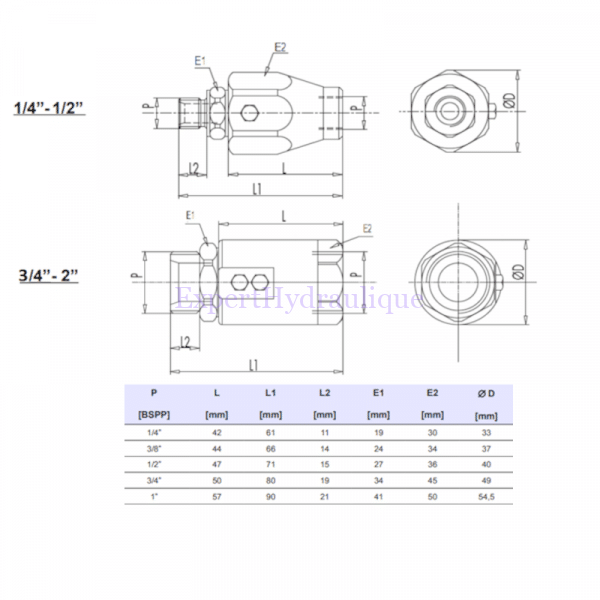 Dimensions raccords tournants Mâle Femelle BSP