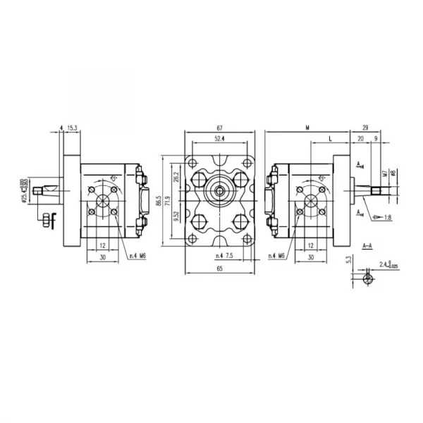 Schéma détaillé avec les dimensions sur trois faces de la pompe hydraulique groupe 1.