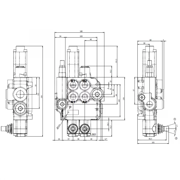 Dessin bureau d'étude du distributeur hydraulique fendeuse de buches deux fonctions 80L.