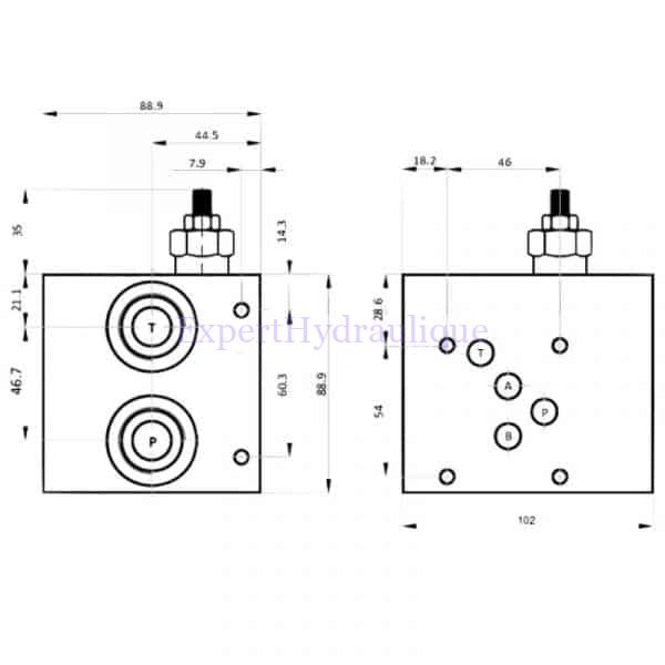 Plan avec cote emabe CETOP 5 avec limiteur de pression