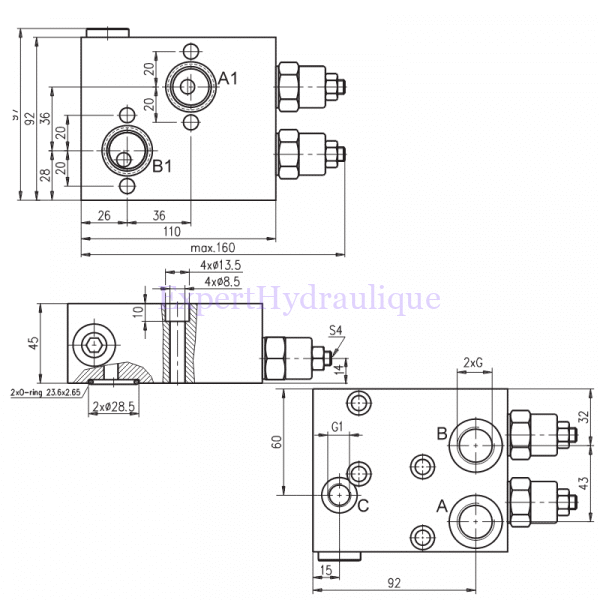 Dimensions d'une valve d'équilibrage pour moteurs OMP OMR