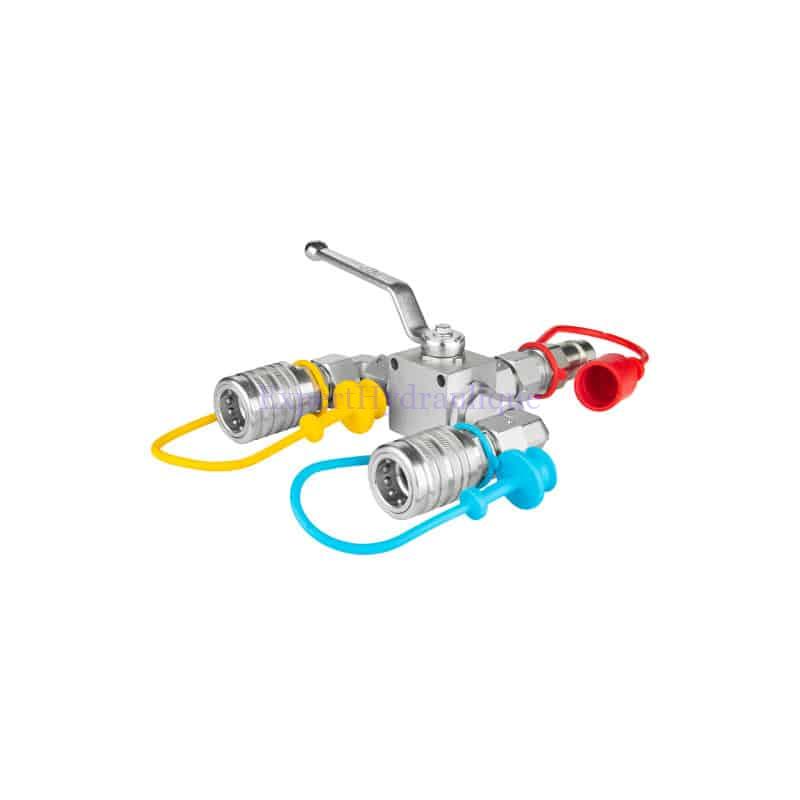 Vanne 500 bars 3 sorties coupleurs ISO-A Vanne hydraulique 500 bars avec 3 sorties coupleurs ISO-A, deux femelle et un mâle.