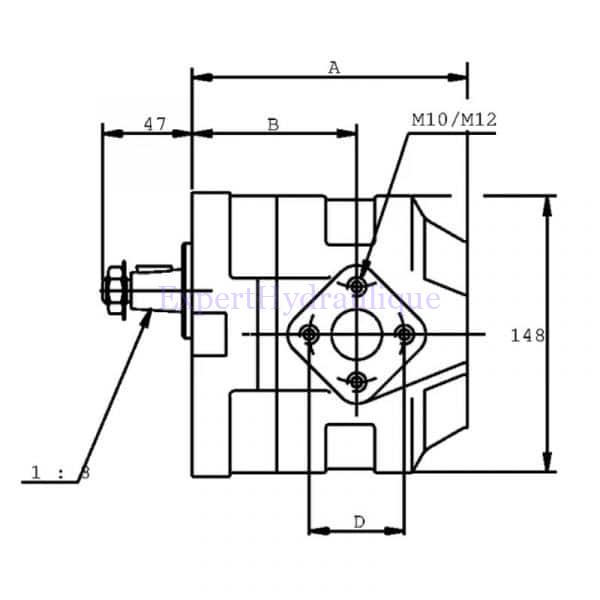 Schéma vue de côté avec dimensions de la pompe groupe 3 de la marque Casappa.