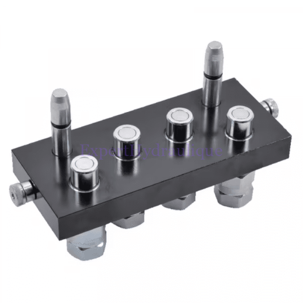 Multicoupleur mobile à 4 voies 3/8 et implantation 1/2"BSP de la marque Faster vue de l'arrière.