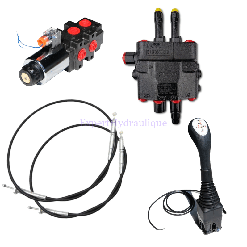 Kit chargeur centre à suivre 80L 3 fonctions dont une flottante et une électrique avec deux câbles, un joystick et un sélecteur hydraulique 6 voies 90lmn Kit chargeur centre à suivre 80L 3 fonctions dont une flottante et une électrique avec deux câbles, un joystick et un sélecteur hydraulique 6 voies 90l/mn.