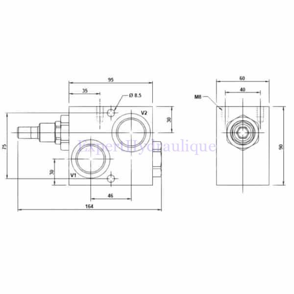 Limiteur de pression 1'' uni directionnel 160 l/mn. Cotes d'encombrements