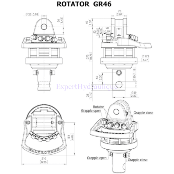 Schéma du Rotator hydraulique de 2,5 tonnes de référence GR46 de la marque Baltrotors.