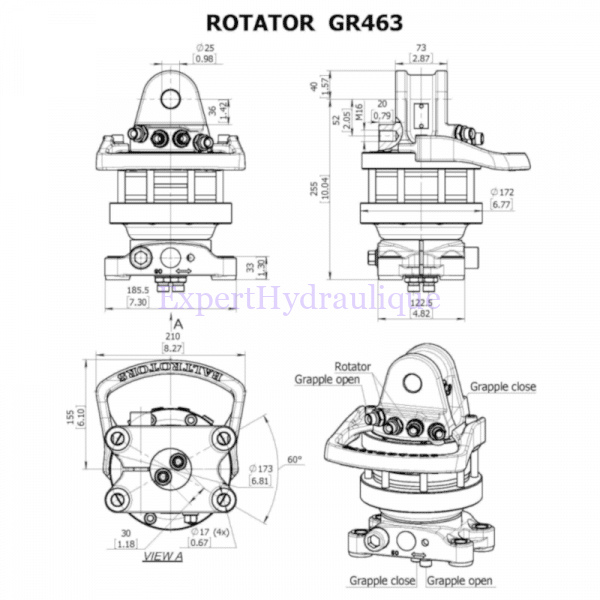 Schéma du Rotator hydraulique de 2,5 tonnes de référence GR463 de la marque Baltrotors.