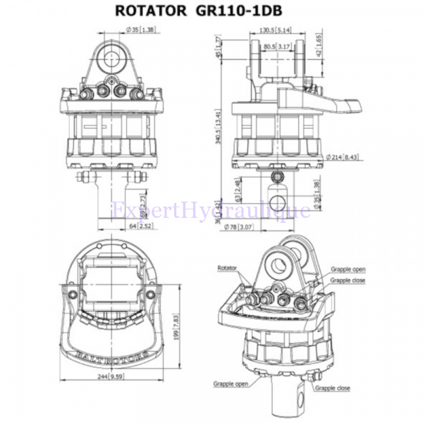 Schéma du Rotator hydraulique de 5 tonnes de référence GR110-1DB de la marque Baltrotors.