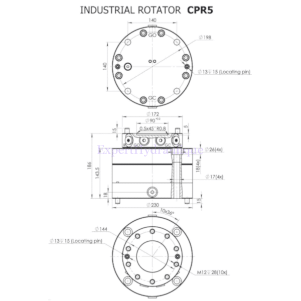 Schéma du Rotator hydraulique compacte à piston radial de 5 tonnes de référence CPR5 de la marque Baltrotors.
