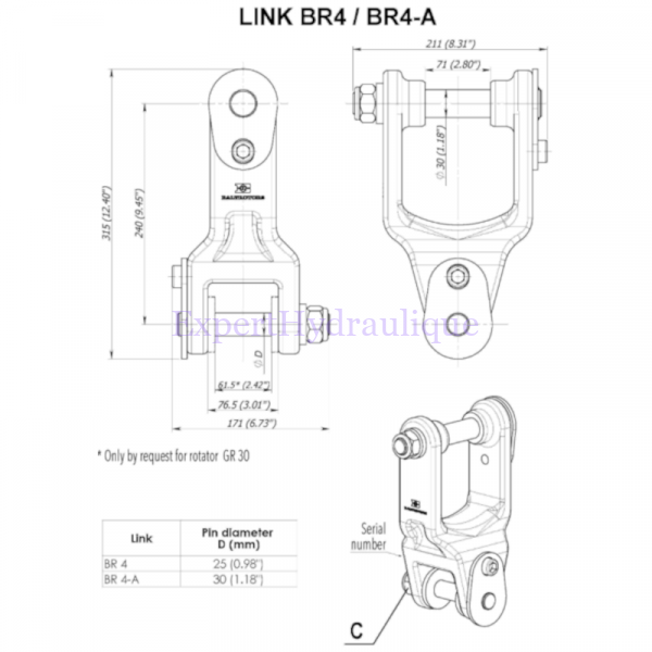 Schéma de biellette hydraulique de référence BR4-A et BR4 pour rotator de la marque Baltrotors.