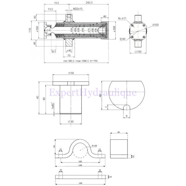 Vérin hydraulique télescopique - 3 éléments avec course 700 mm – Image 2