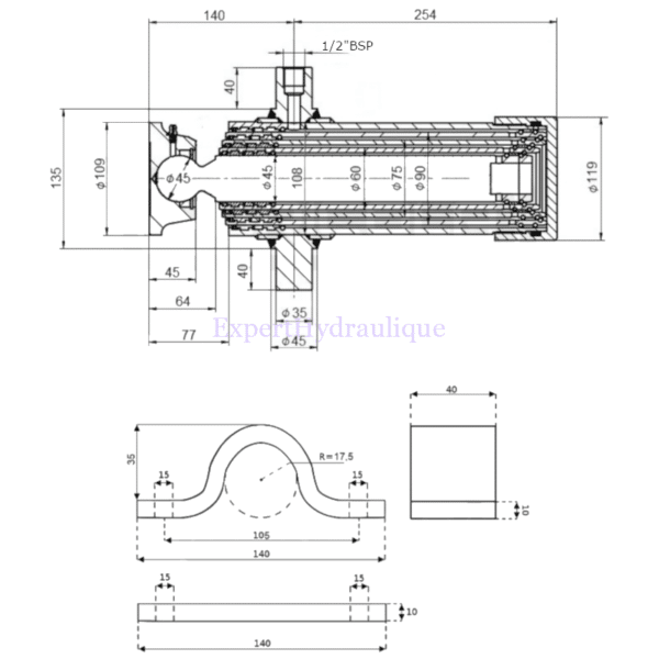 Schéma vérin télescopique avec course de 910 mm avec fixation de montage.