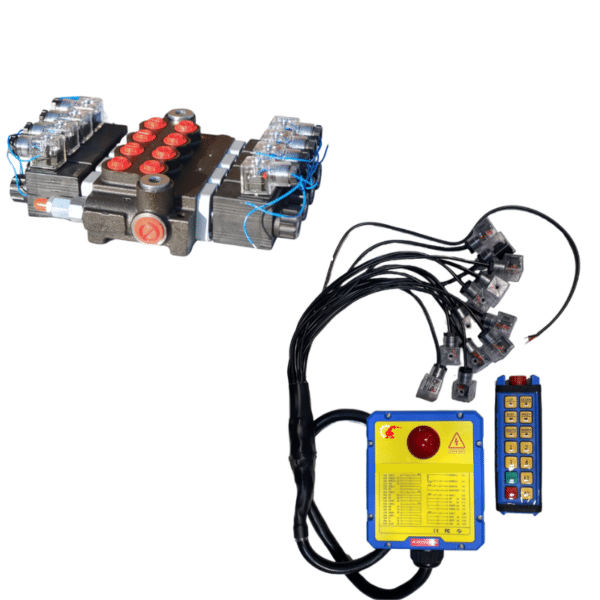 Kit distributeurs 4 fonctions avec radiocommande 12 boutons sans fil, précâblé Kit distributeur électrique 4DE 50L_min + kit de commande précâblé