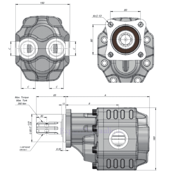Pompe camion fonte arbre PTO mâle, flasque 4 trous 80x80 – Image 3
